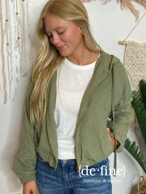 Olive Corduroy Zip Up Hooded Jacket in Curvy