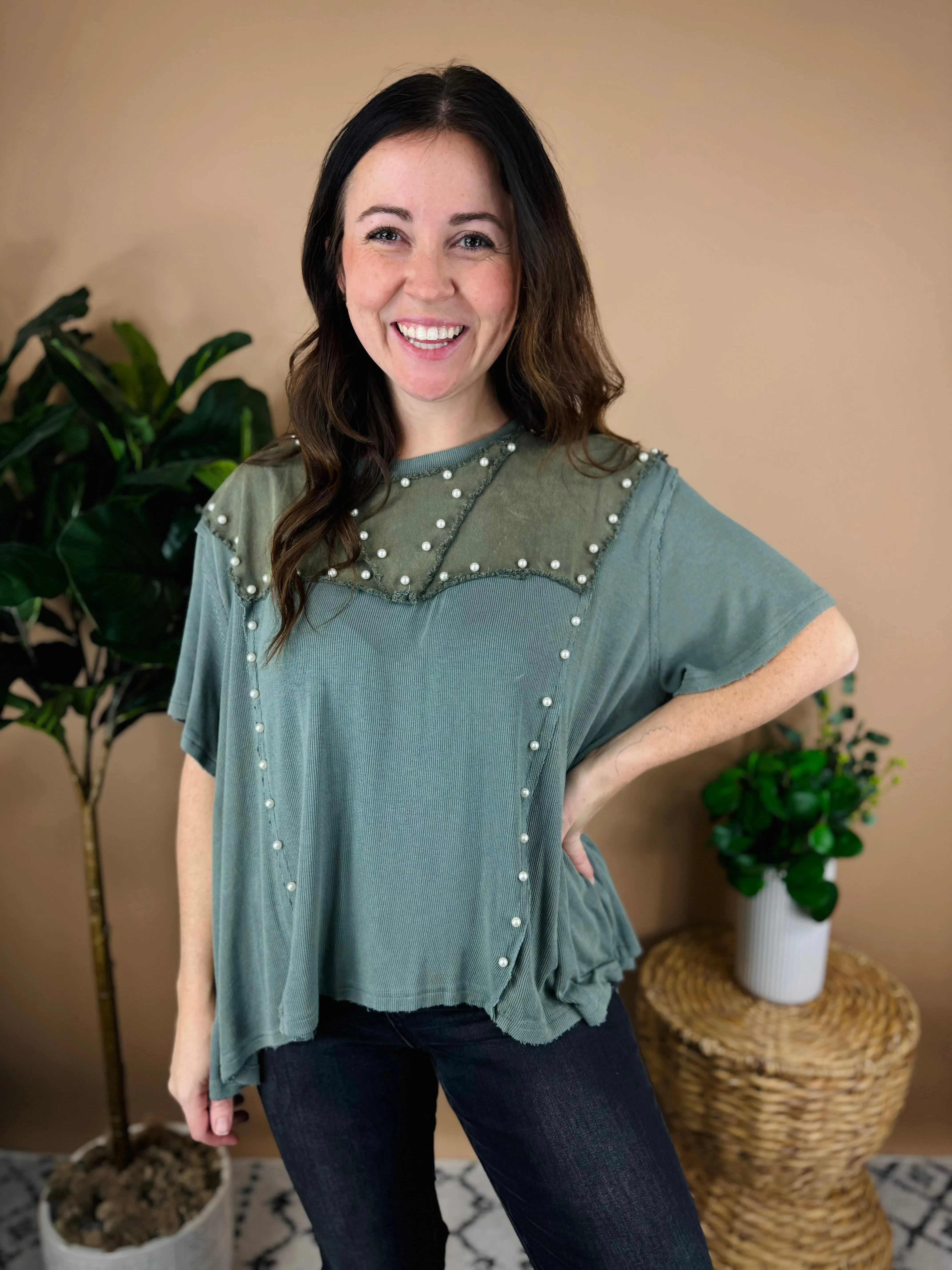 Olive Embroidered Pearl Top