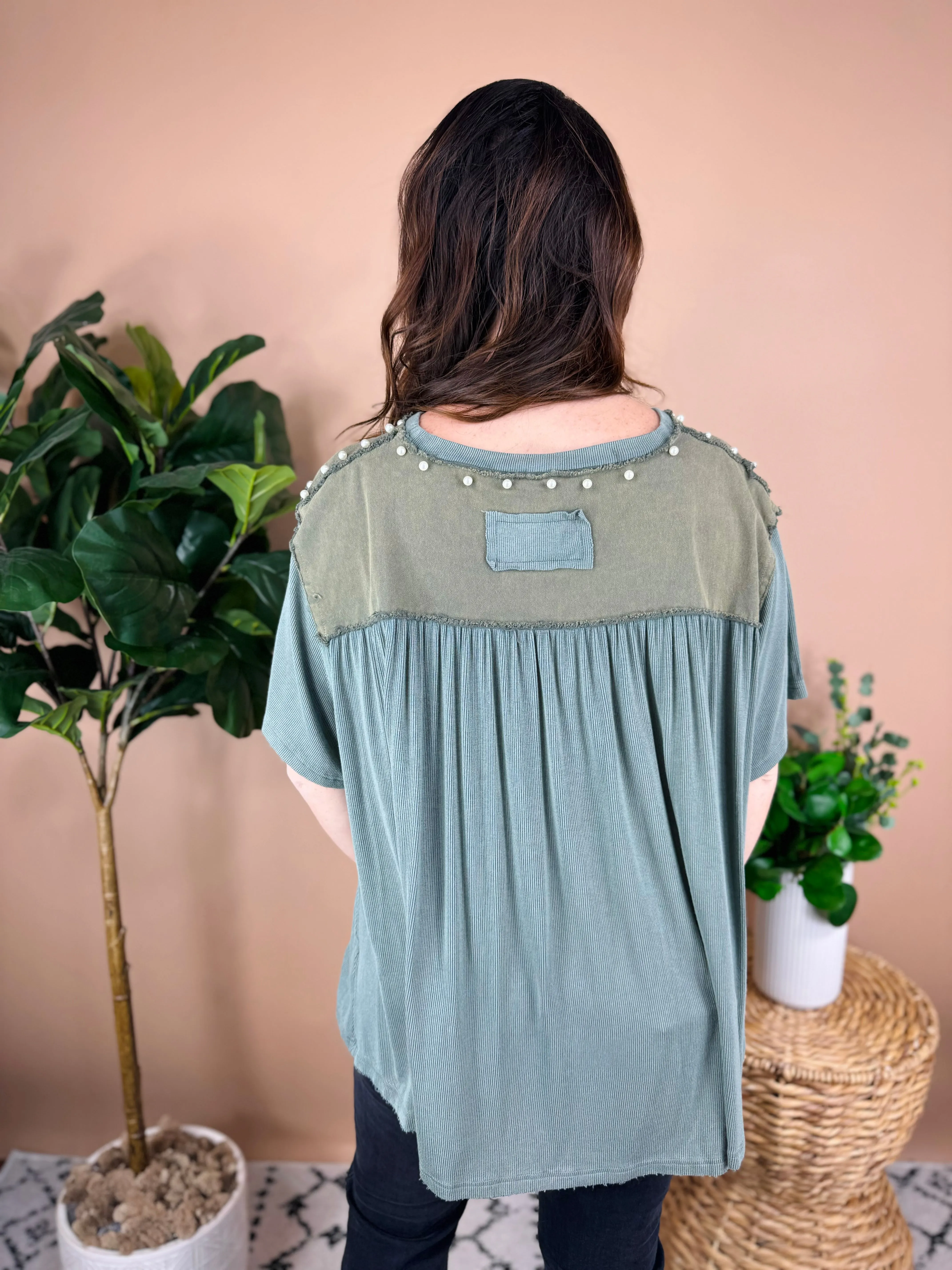 Olive Embroidered Pearl Top