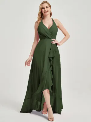 Olive Halter Backless High Low Chiffon Bridesmaid Dress With Pocket