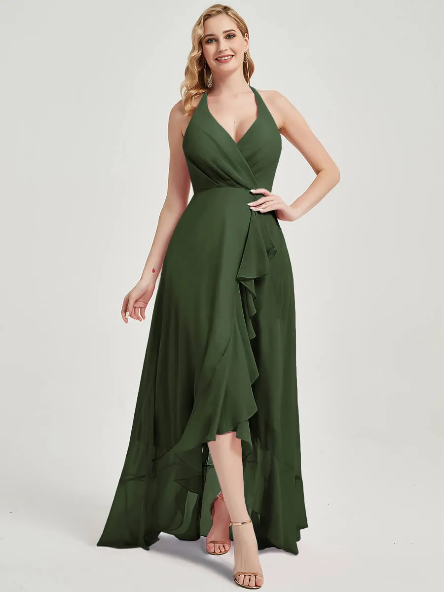 Olive Halter Backless High Low Chiffon Bridesmaid Dress With Pocket