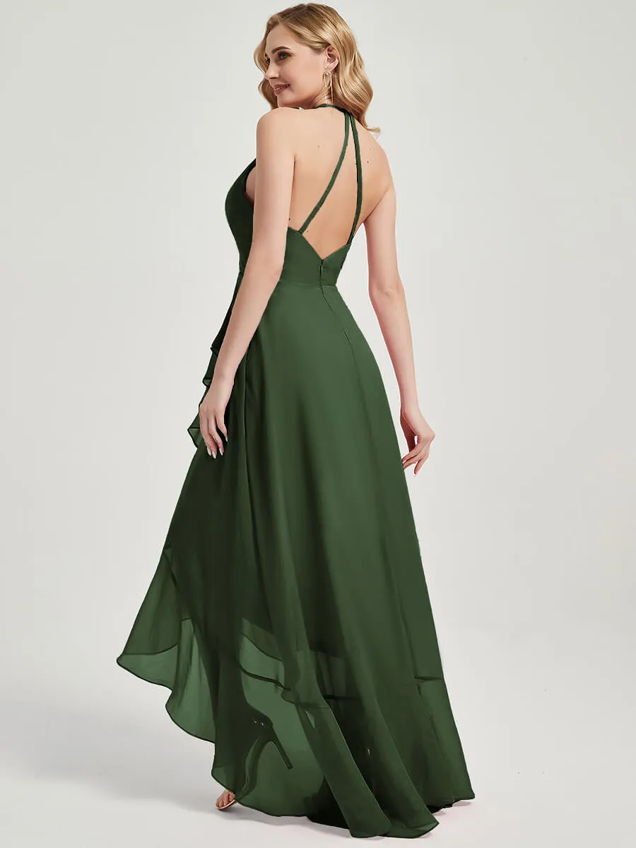 Olive Halter Backless High Low Chiffon Bridesmaid Dress With Pocket