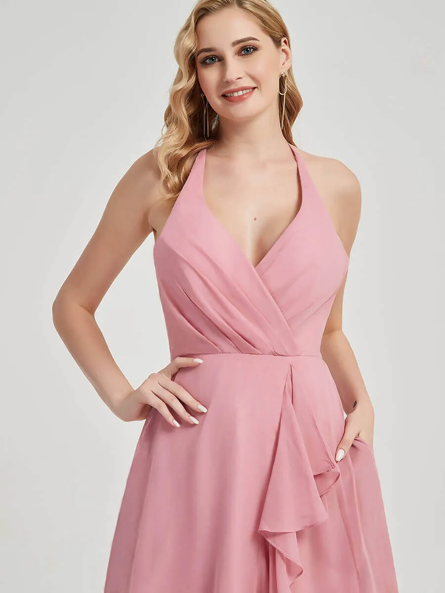 Olive Halter Backless High Low Chiffon Bridesmaid Dress With Pocket