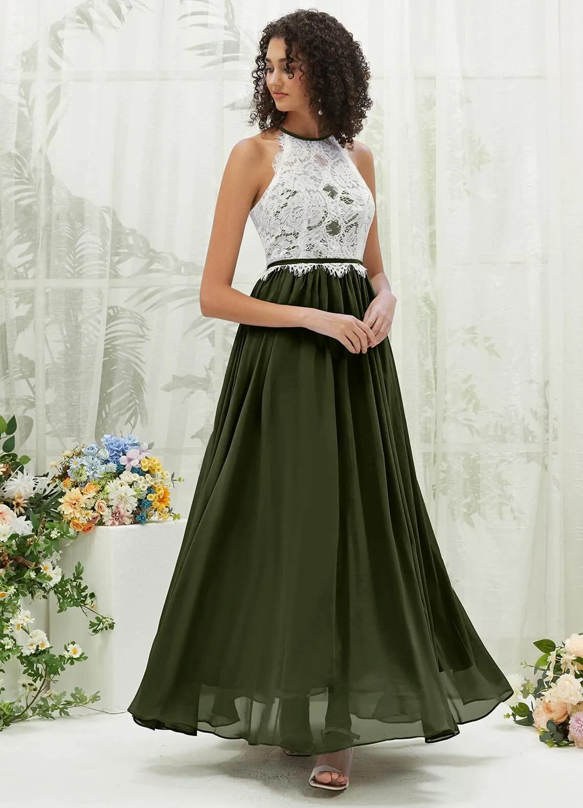 Olive Lace Halter Neck Backless Chiffon Slit Bridesmaid Dress