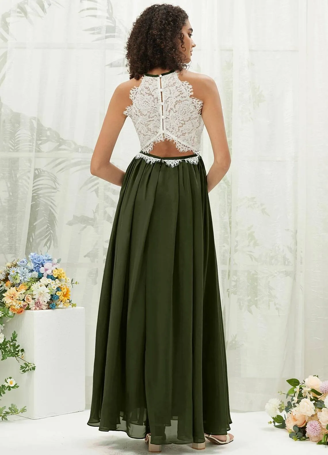 Olive Lace Halter Neck Backless Chiffon Slit Bridesmaid Dress
