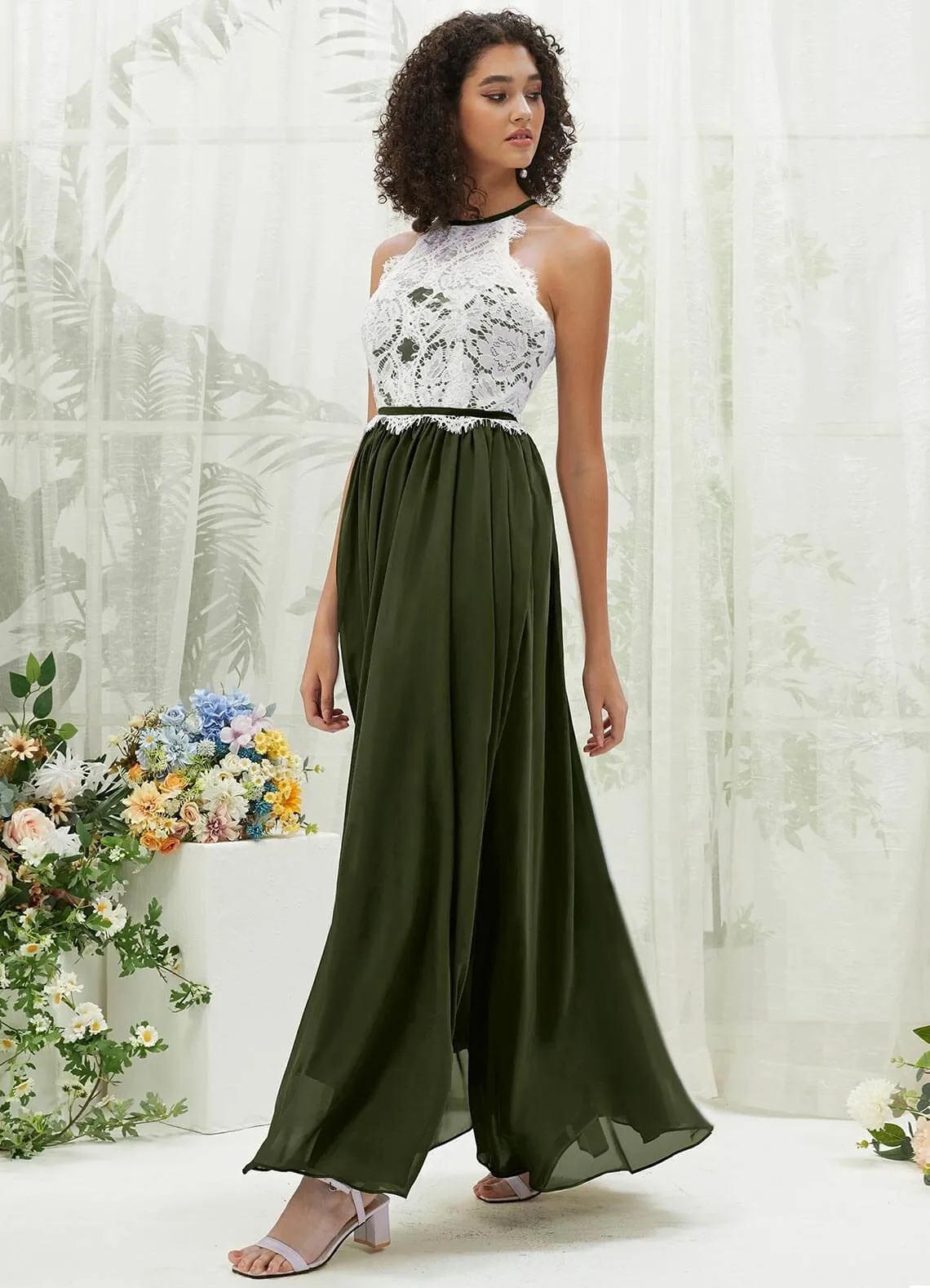 Olive Lace Halter Neck Backless Chiffon Slit Bridesmaid Dress