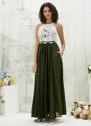 Olive Lace Halter Neck Backless Chiffon Slit Bridesmaid Dress