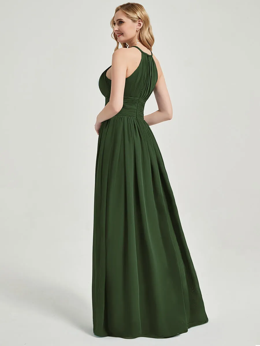 Olive Pleated Halter Neck Sleeveless A-Line Chiffon Bridesmaid Dress