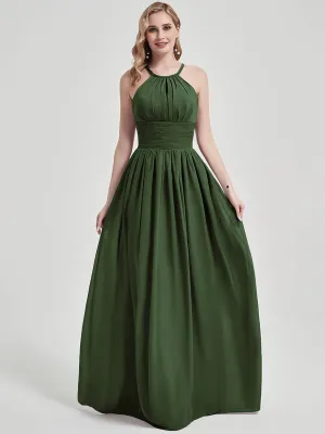 Olive Pleated Halter Neck Sleeveless A-Line Chiffon Bridesmaid Dress