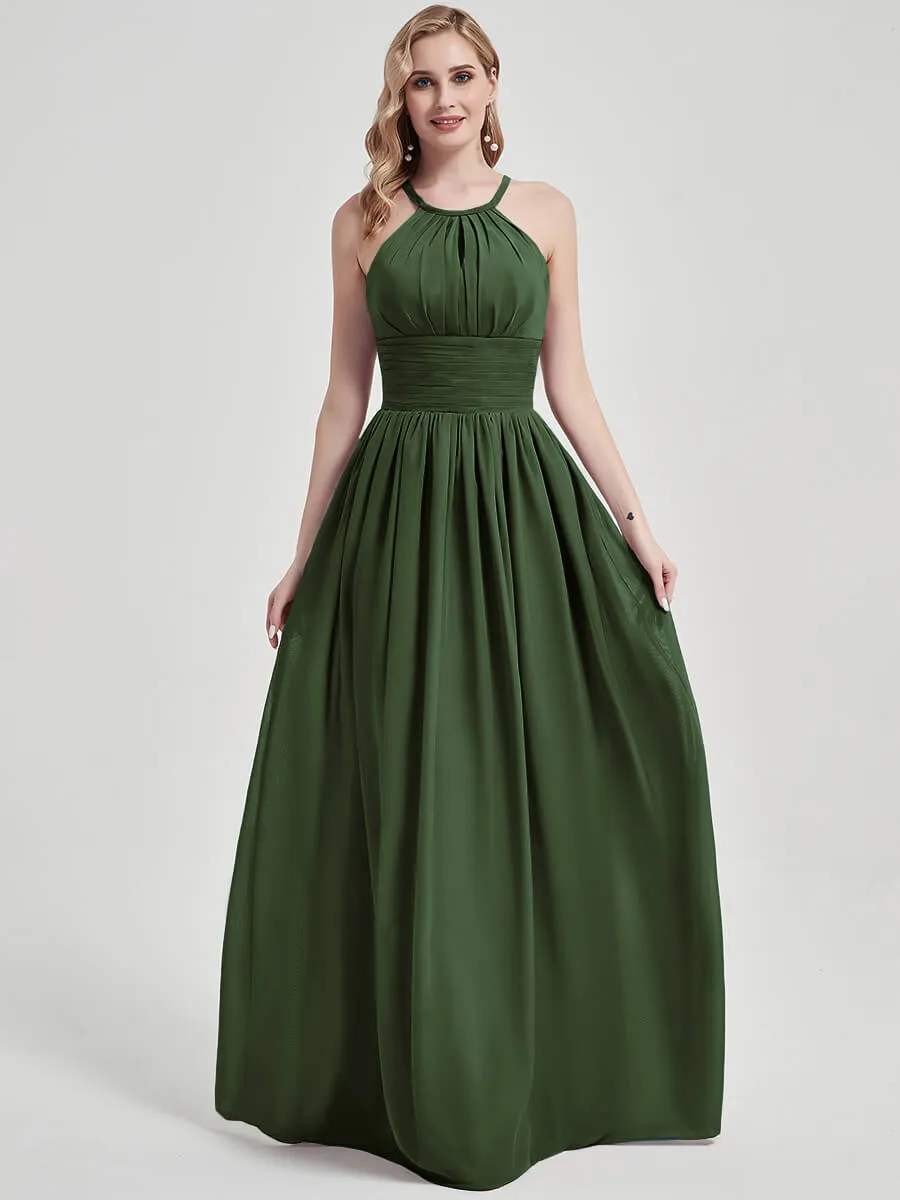 Olive Pleated Halter Neck Sleeveless A-Line Chiffon Bridesmaid Dress