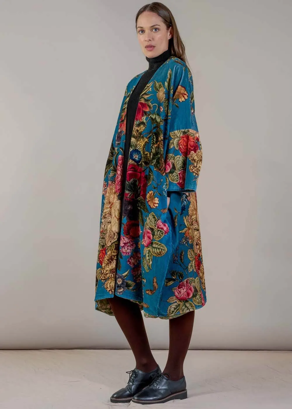 One Hundred Stars Primula Velvet Long Kimono Teal