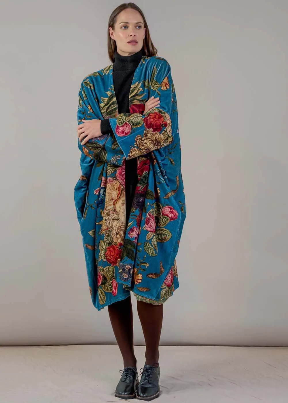One Hundred Stars Primula Velvet Long Kimono Teal