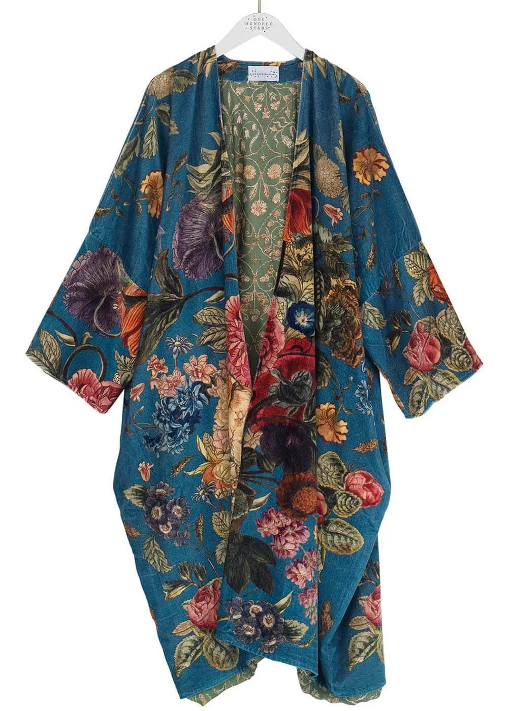 One Hundred Stars Primula Velvet Long Kimono Teal