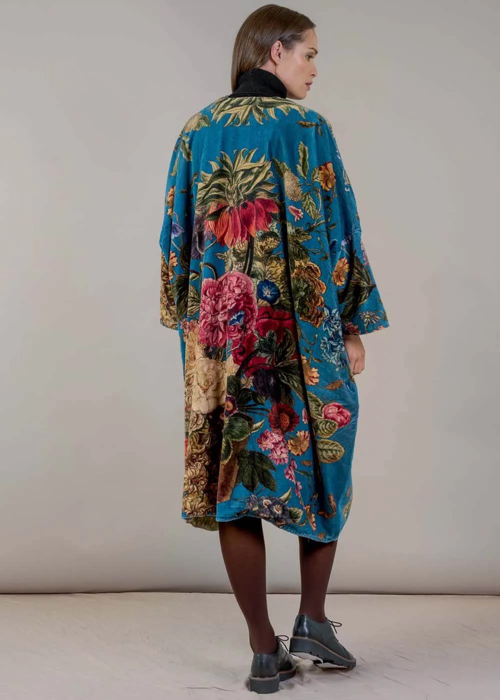 One Hundred Stars Primula Velvet Long Kimono Teal
