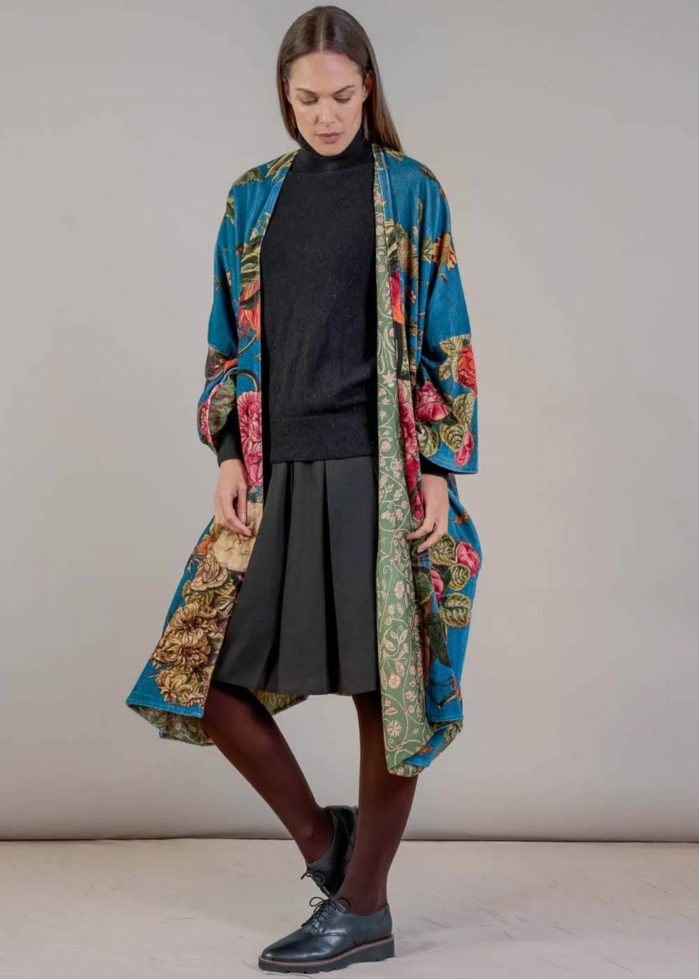 One Hundred Stars Primula Velvet Long Kimono Teal