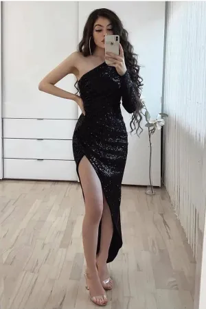 One Sleeve Prom Dress Black Sequins Overall