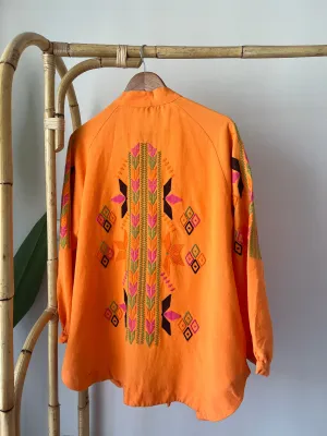 Orange Embroidered Colorful Linen Kimono