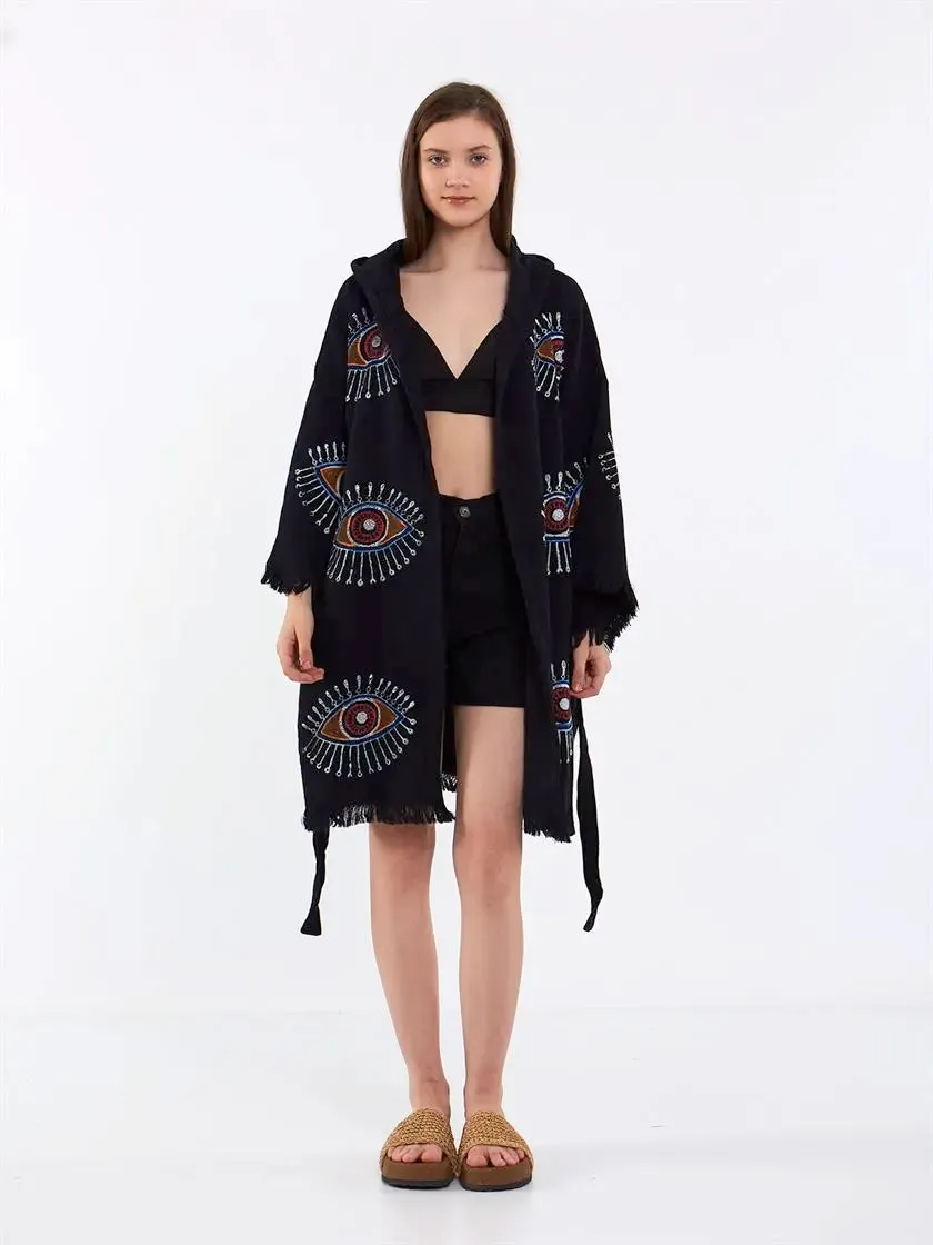 Organic Cotton Hooded Kimono, Evil Eye Robe with Hood