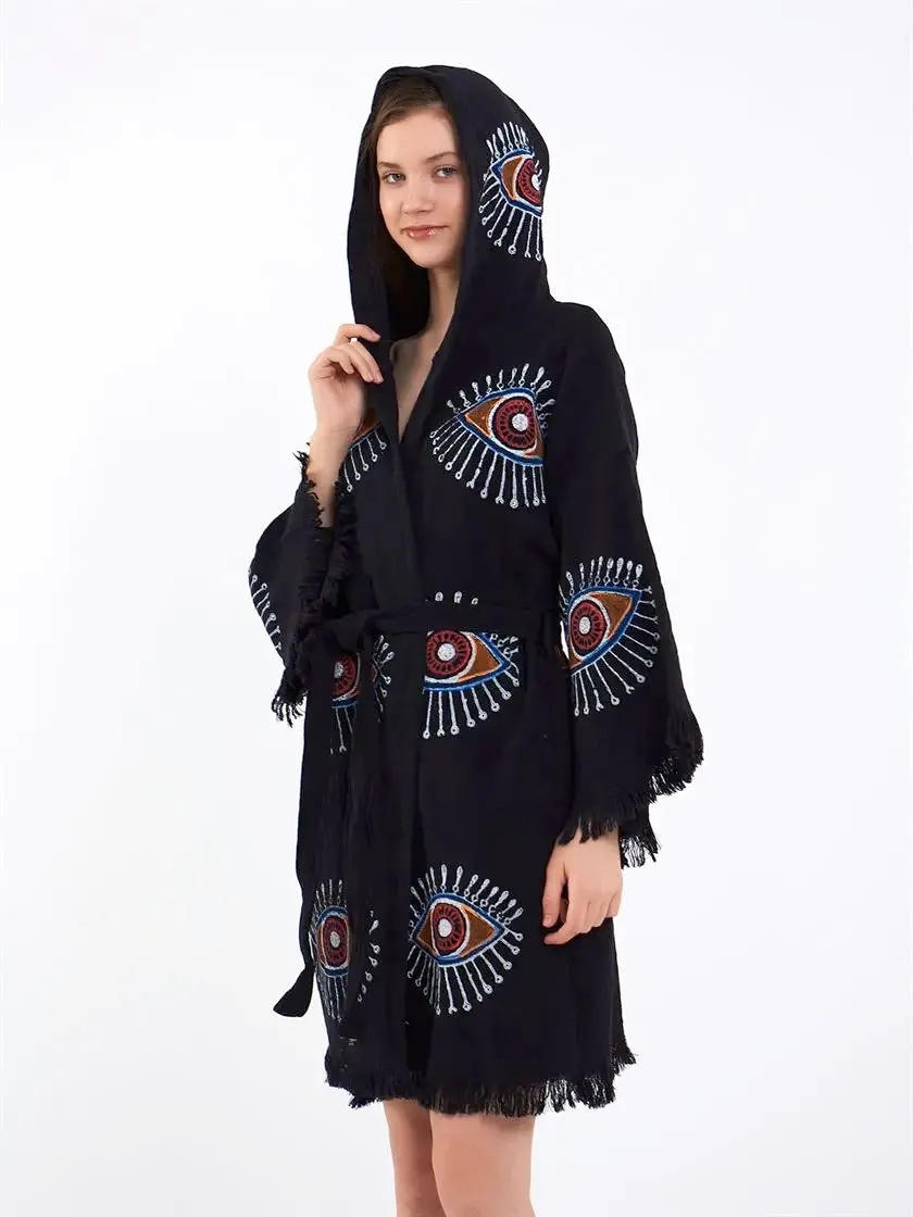 Organic Cotton Hooded Kimono, Evil Eye Robe with Hood