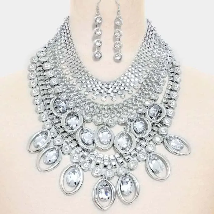 Oval Round Stone Embellished Multi Layered Bib Necklace