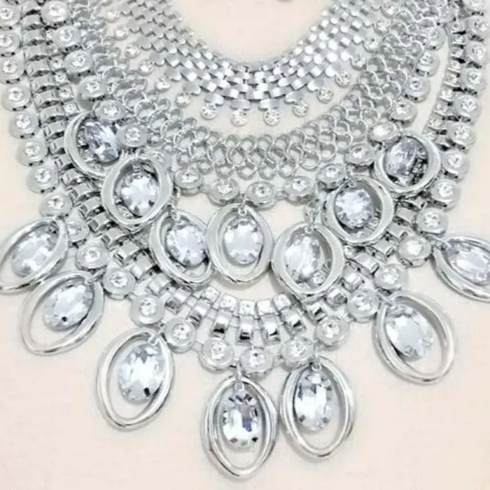 Oval Round Stone Embellished Multi Layered Bib Necklace