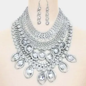 Oval Round Stone Embellished Multi Layered Bib Necklace