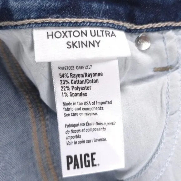 PAIGE HOXTON ULTRA SKINNY Jeans Distressed Rayon Cotton Blend USA MADE Size 27