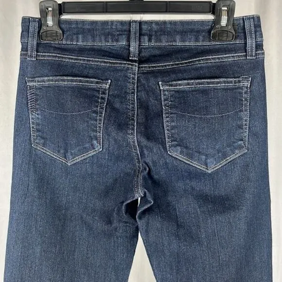 Paige Manhattan Elyse‎ Slim Bootcut Mid Rise Jeans in Dark Wash.