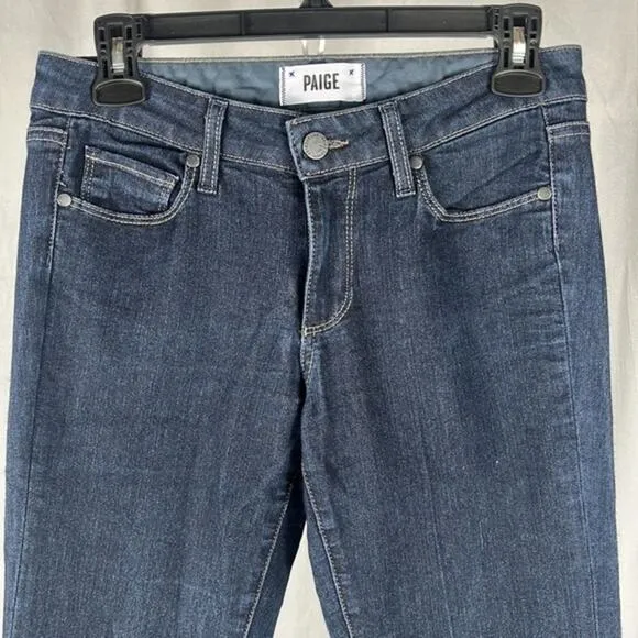 Paige Manhattan Elyse‎ Slim Bootcut Mid Rise Jeans in Dark Wash.