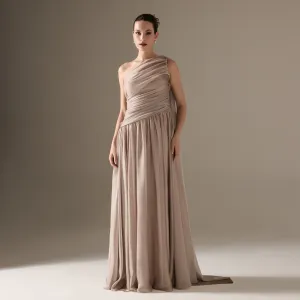 Pastel Pink Drapped Long One Shoulder Dress