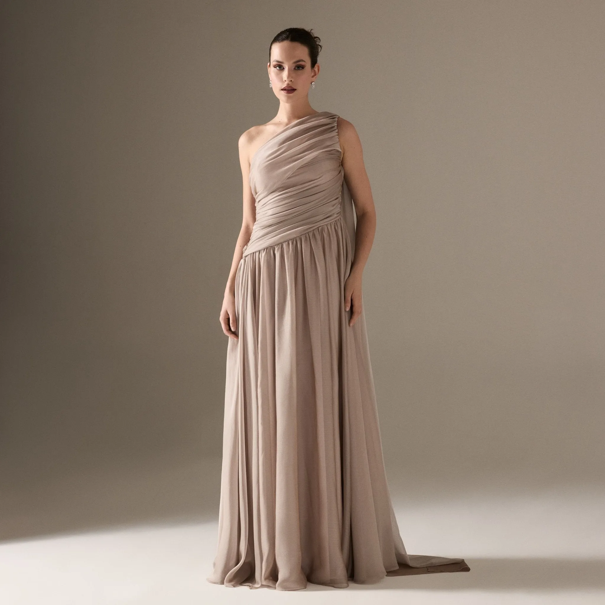 Pastel Pink Drapped Long One Shoulder Dress