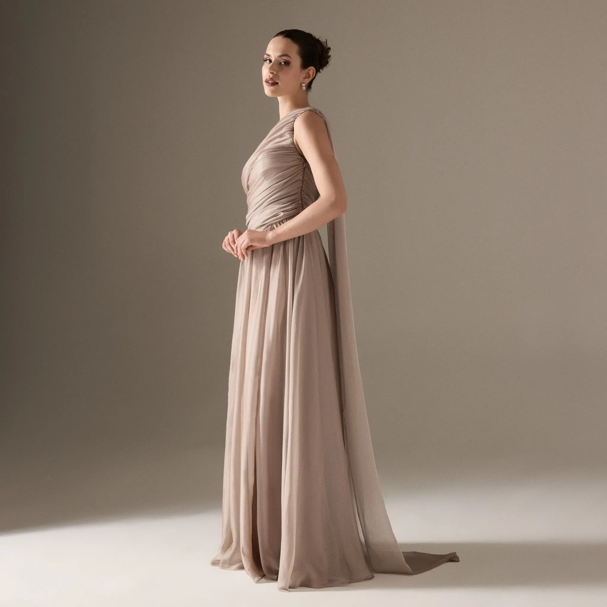 Pastel Pink Drapped Long One Shoulder Dress
