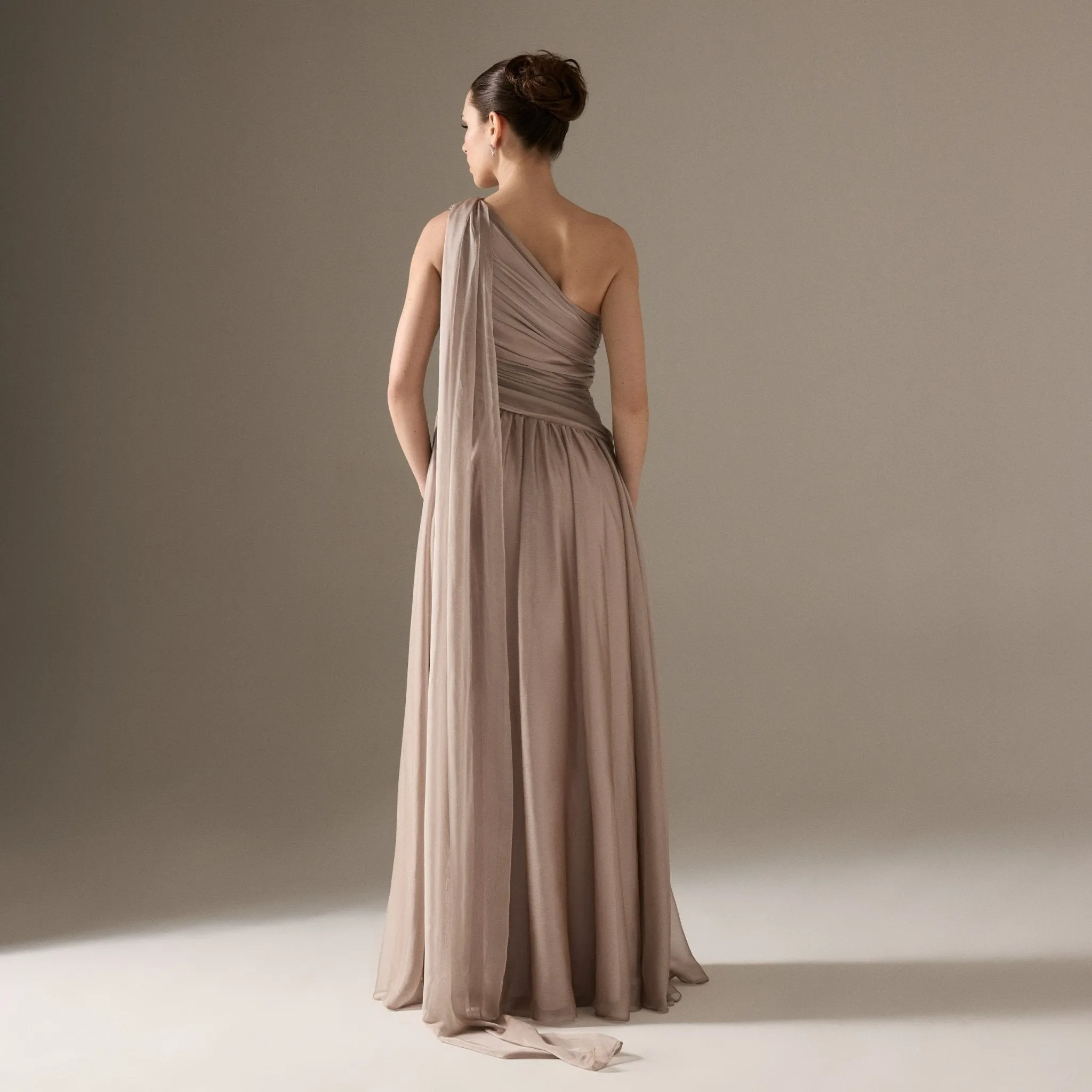 Pastel Pink Drapped Long One Shoulder Dress