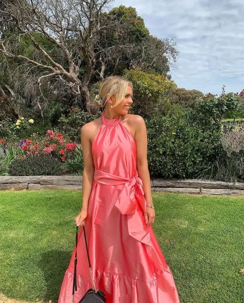 Peach Halter Backless A-Line Satin Long Party Dress, DP2194