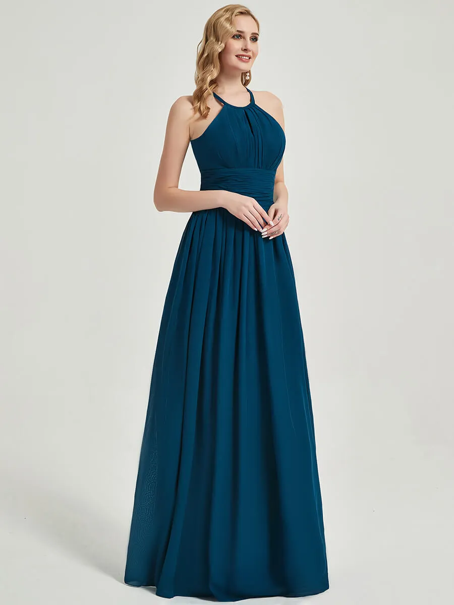 Pearl Pink Pleated Halter Neck Sleeveless Chiffon Bridesmaid Dress