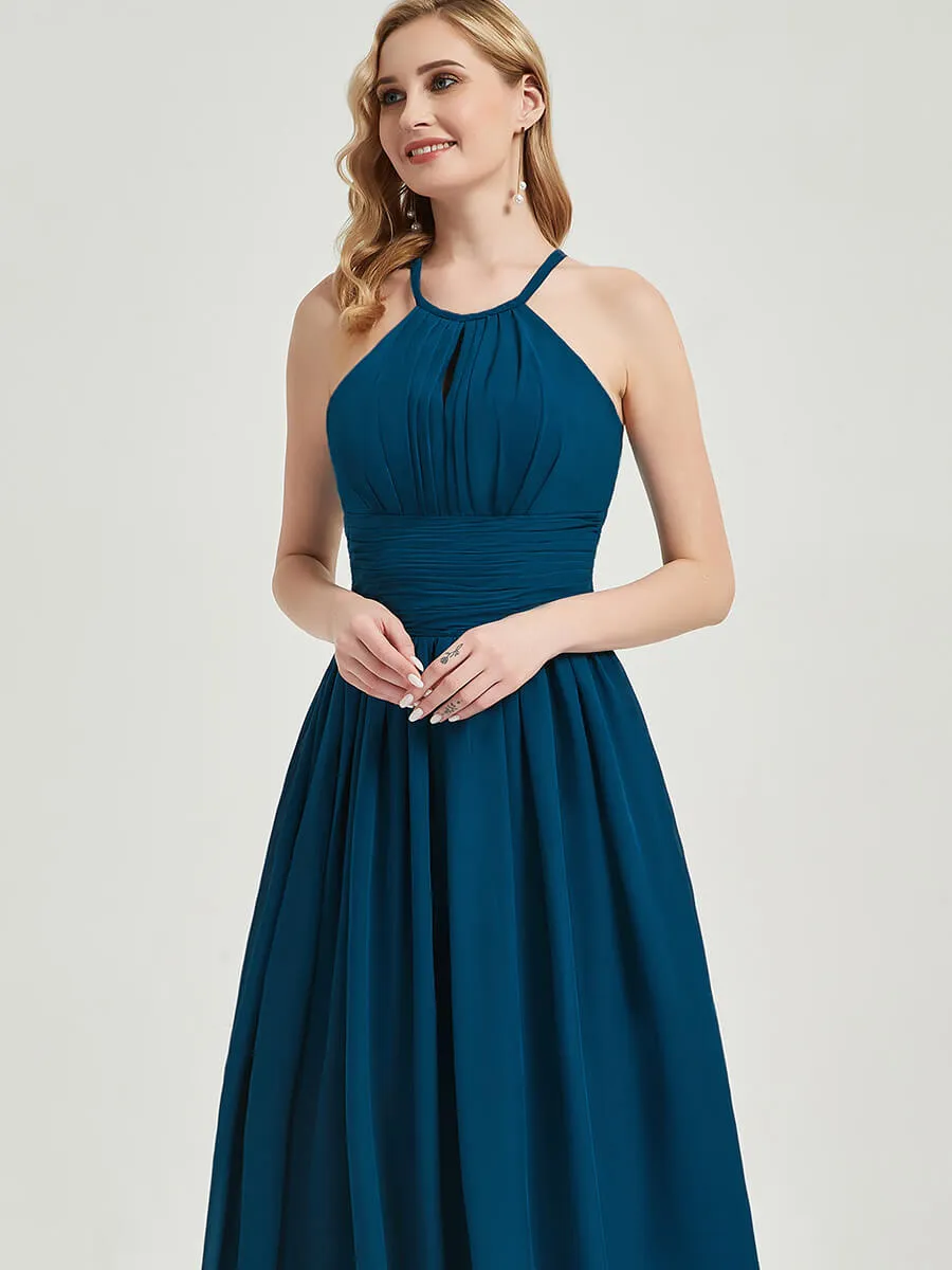 Pearl Pink Pleated Halter Neck Sleeveless Chiffon Bridesmaid Dress