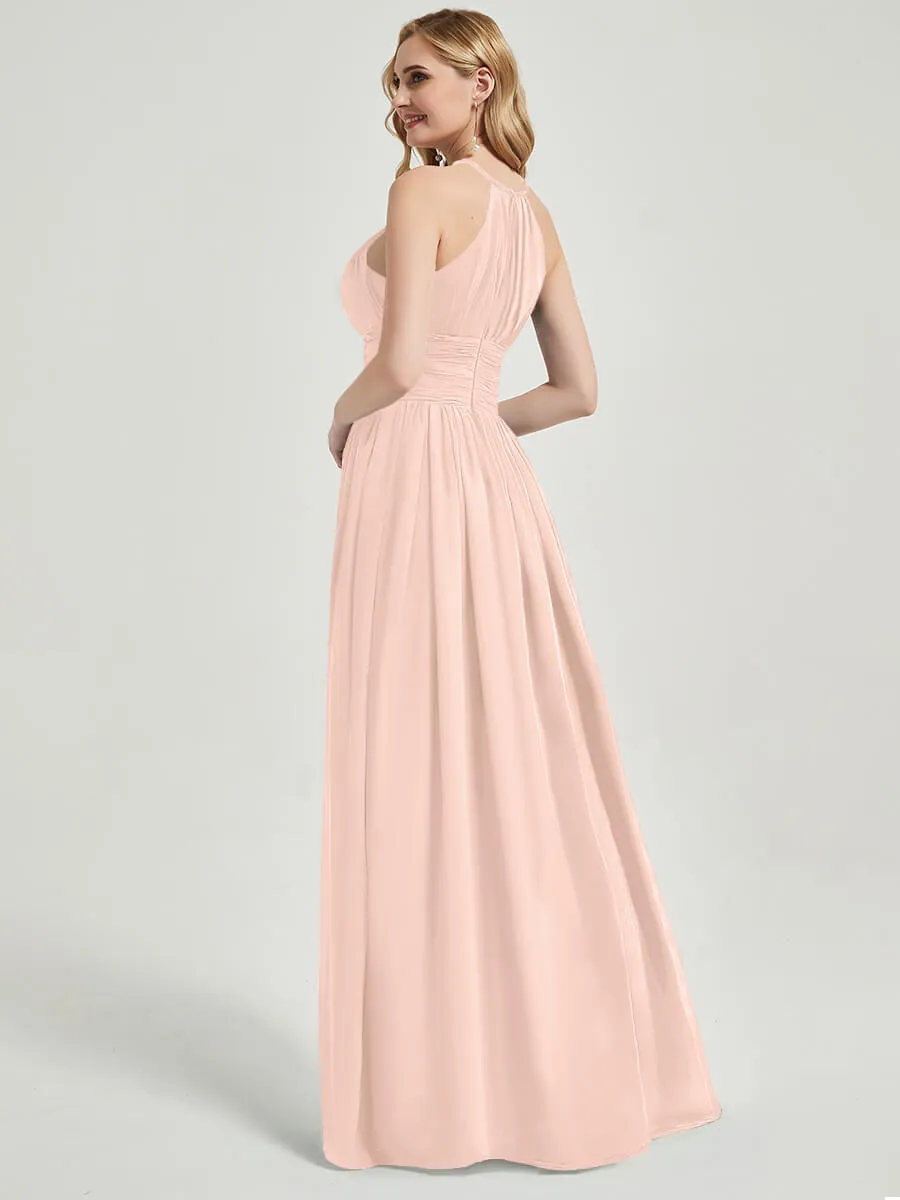 Pearl Pink Pleated Halter Neck Sleeveless Chiffon Bridesmaid Dress
