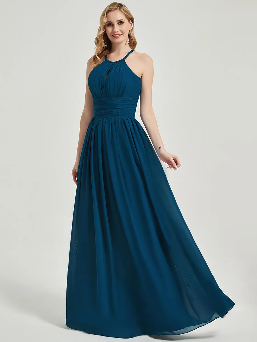 Pearl Pink Pleated Halter Neck Sleeveless Chiffon Bridesmaid Dress