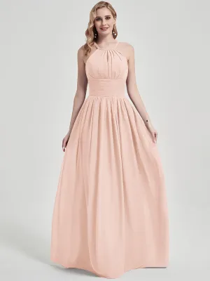 Pearl Pink Pleated Halter Neck Sleeveless Chiffon Bridesmaid Dress