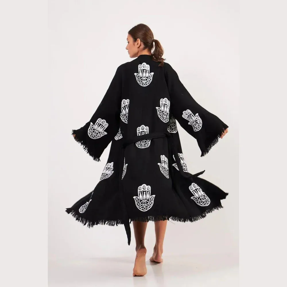 Peshtemal Black with White Hamsa Kimono/ Robe
