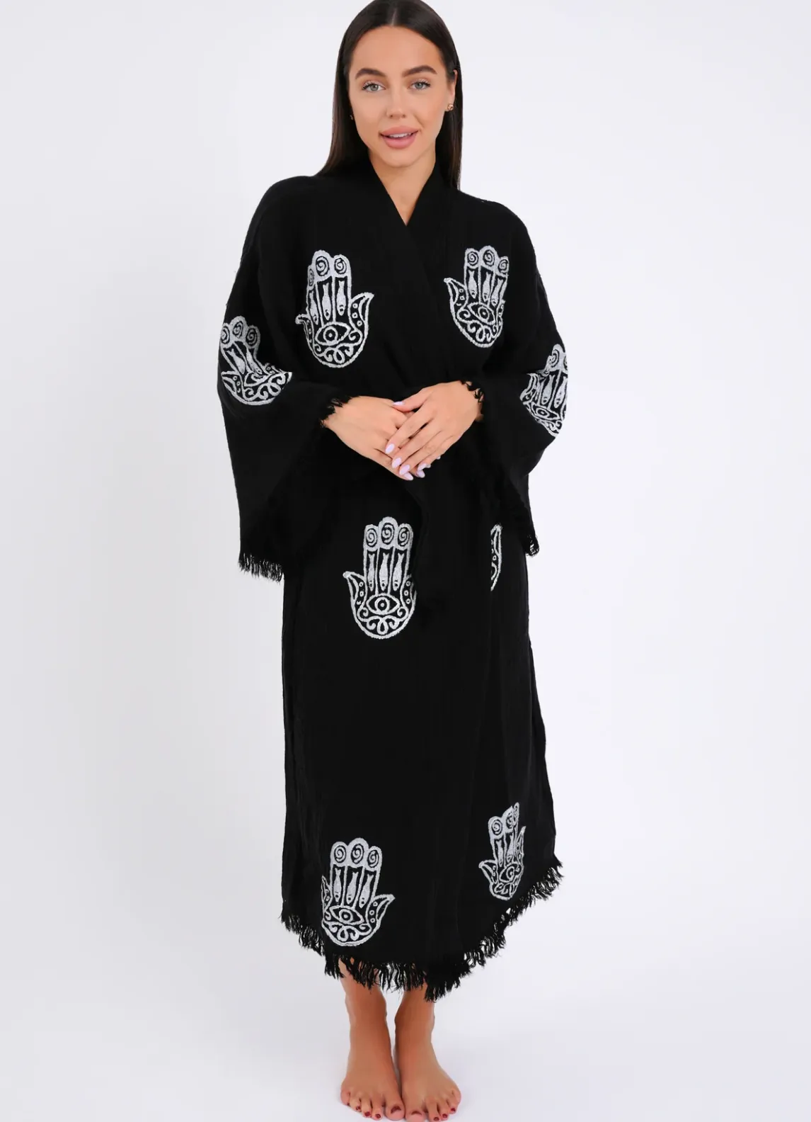 Peshtemal Black with White Hamsa Kimono/ Robe