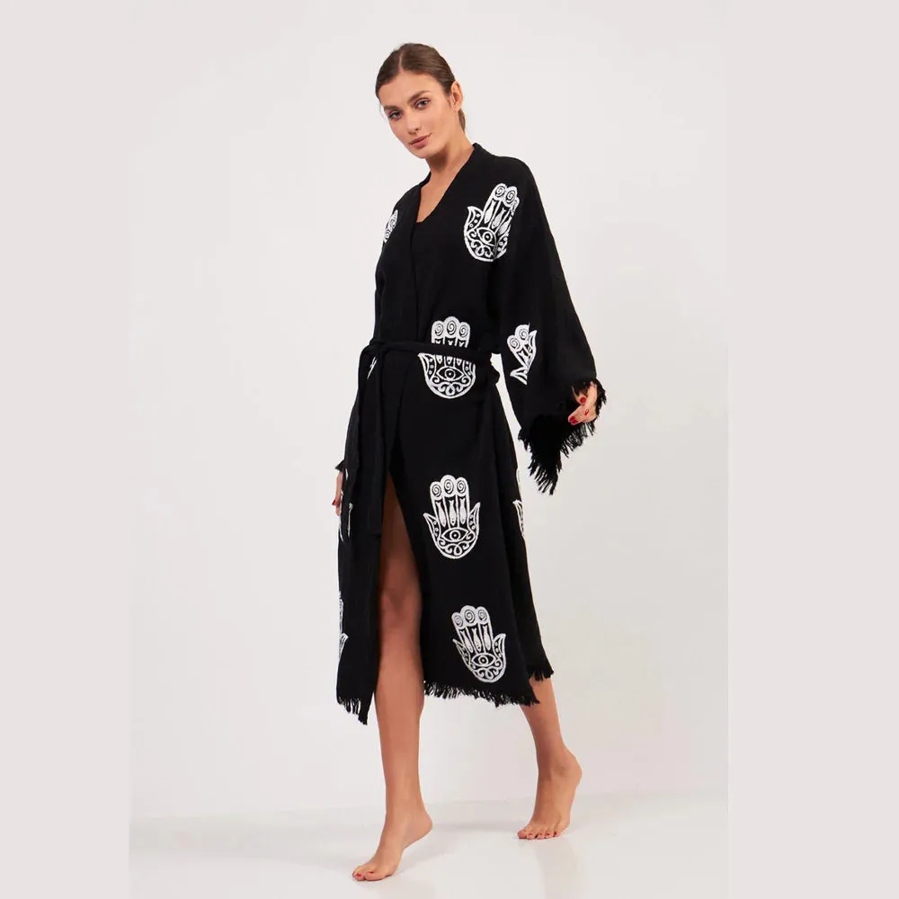 Peshtemal Black with White Hamsa Kimono/ Robe