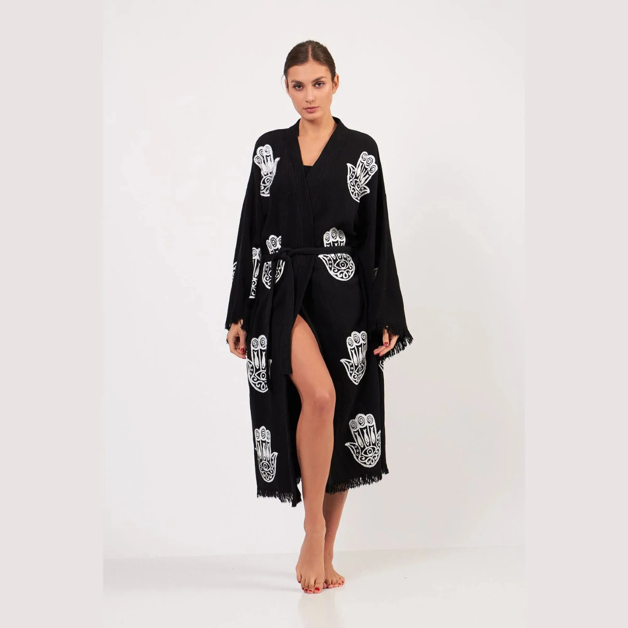 Peshtemal Black with White Hamsa Kimono/ Robe