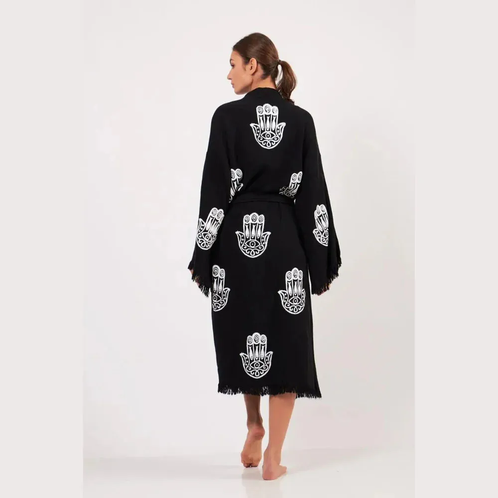 Peshtemal Black with White Hamsa Kimono/ Robe