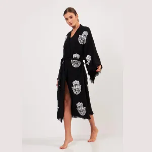 Peshtemal Black with White Hamsa Kimono/ Robe