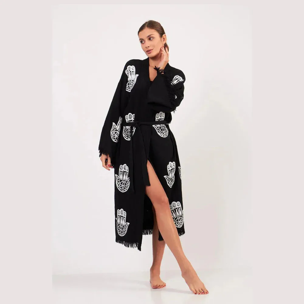 Peshtemal Black with White Hamsa Kimono/ Robe