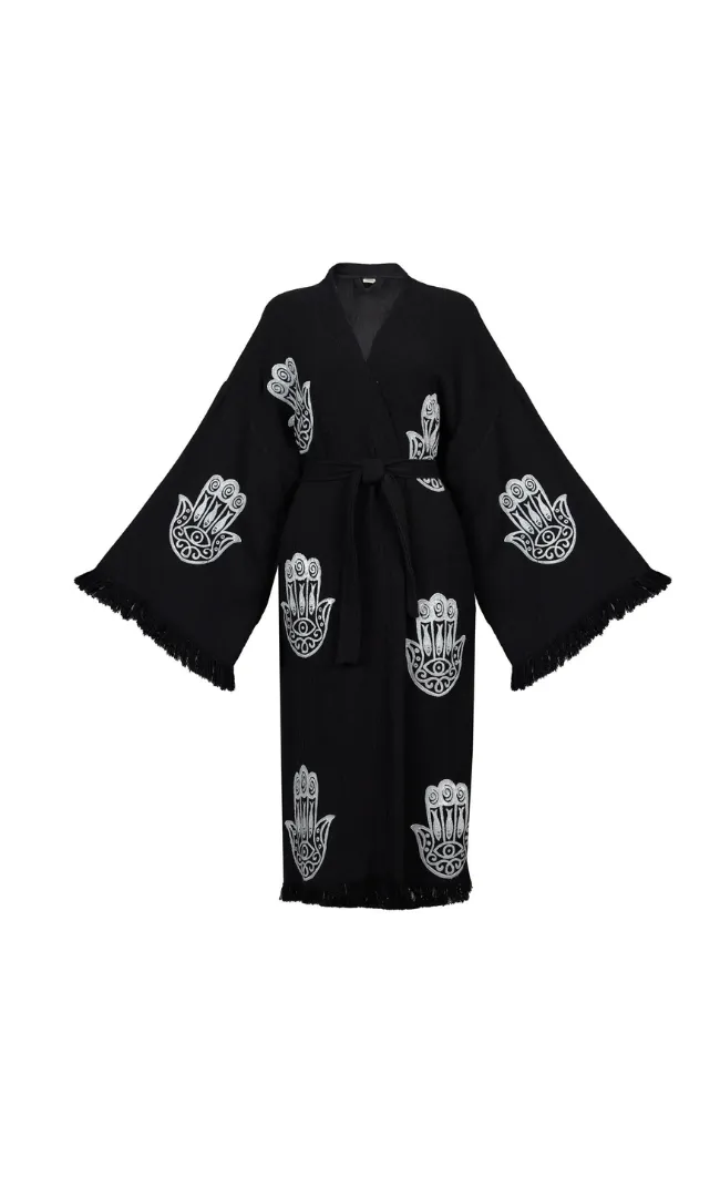 Peshtemal Black with White Hamsa Kimono/ Robe