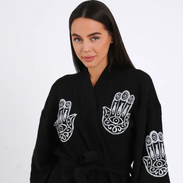 Peshtemal Black with White Hamsa Kimono/ Robe