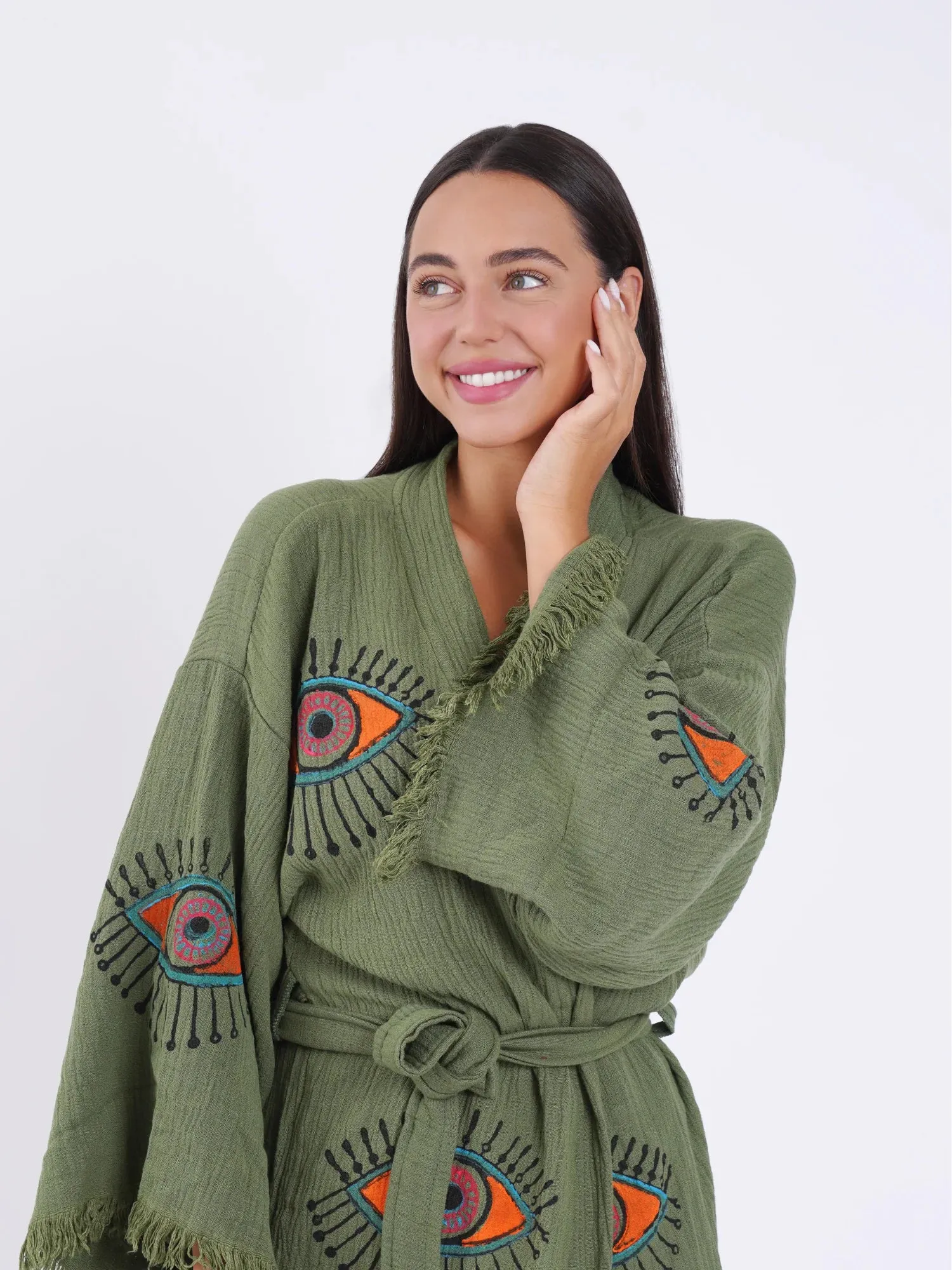 Peshtemal Khaki with Orange & Pink Evil Eye Kimono/Robe