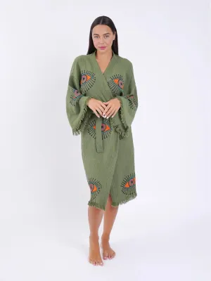 Peshtemal Khaki with Orange & Pink Evil Eye Kimono/Robe